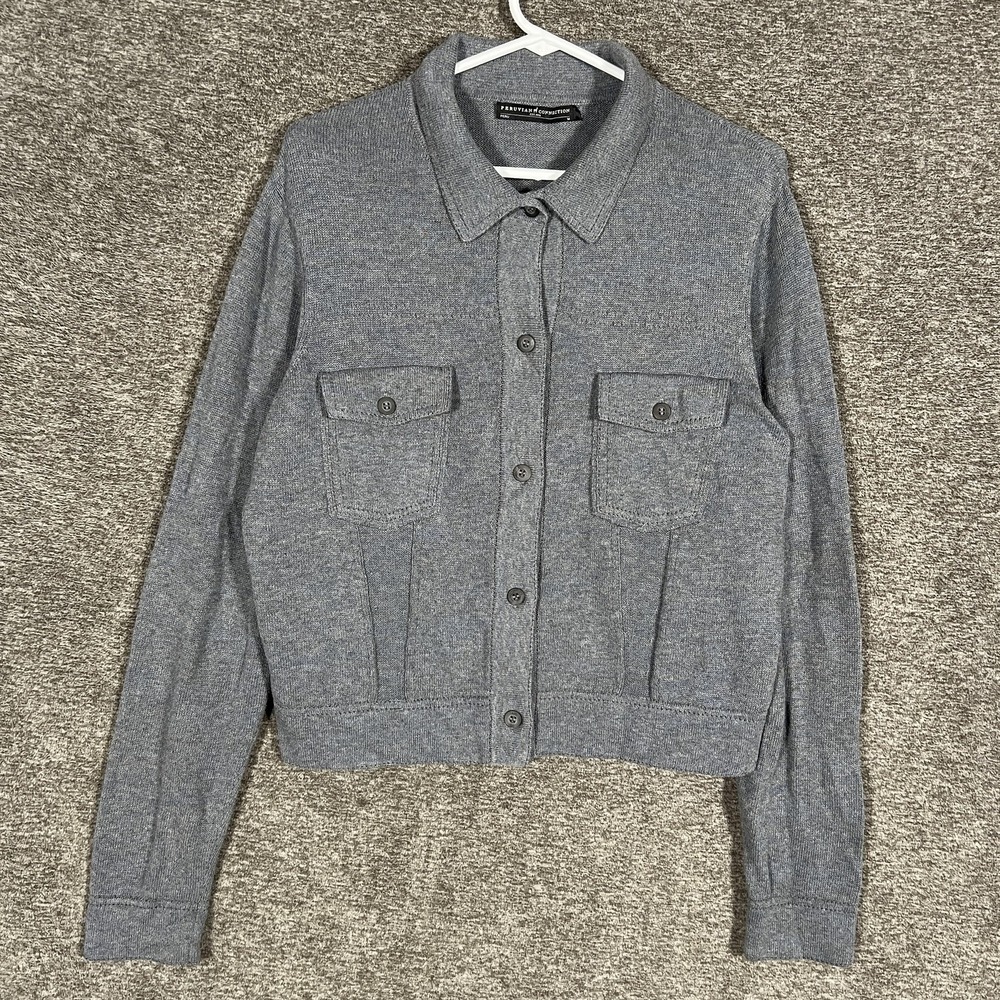 Peruvian Connection Trompe L'Oeil Cardigan Sweater Womens M Shale Blue Button Up